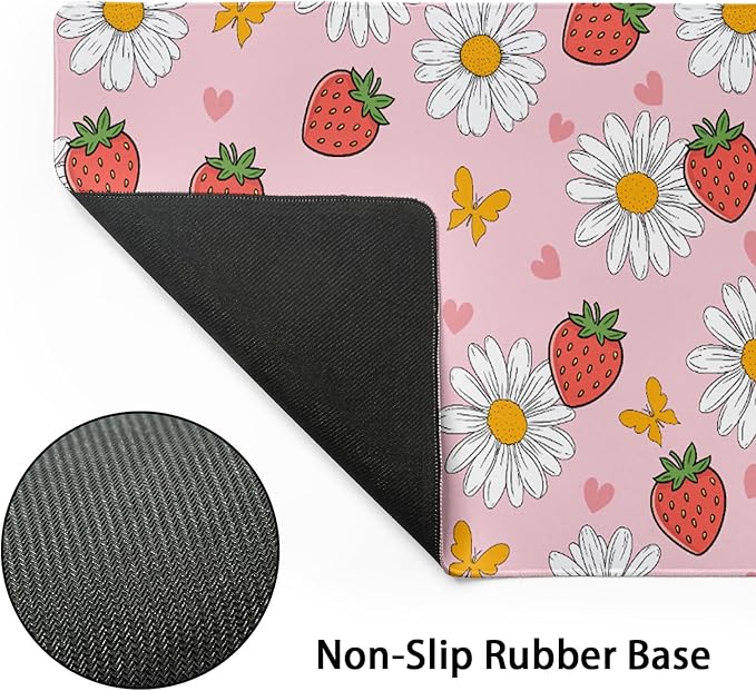 Cute Strawberry Extended Gaming Mouse Pad XXL Pink Cute Desk Mat Kawaii Pink Large Mouse Pad 35.4"X15.7" Waterproof Desk Mat with Stitched Edge Non-Slip Laptop Computer Keyboard Pad for Home & Office