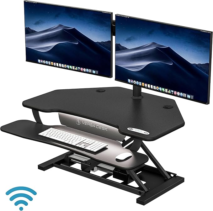 VERSADESK PowerPro Elite Smart Corner Standing Desk Converter - Adjustable Sit Stand Desk Riser with Keyboard Tray & USB C Ports - App Controlled Height Adjustment for Home or Office | Black (36" x