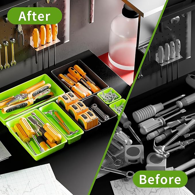 [5 Sizes] [69 PCS] Tool Drawer Organizer, Tool Box Tray, Desk Drawer Tray, Rolling Tool Chest, Toolbox (Black+Green)