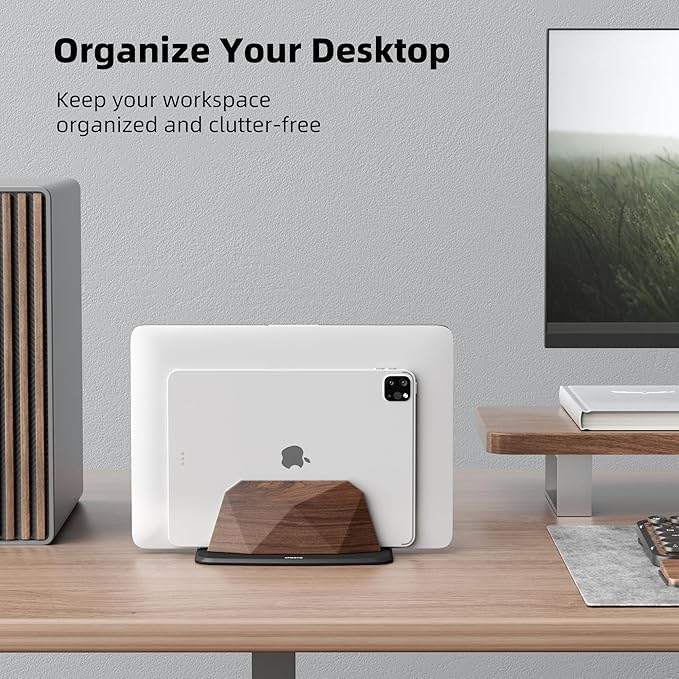 AFOOYO Vertical Laptop Stand - Dual Slots Walnut Adjustable Laptop Holder,Desktop Dock Compatible with All MacBook, Surface,Chromebook,Dell & More(Walnut)