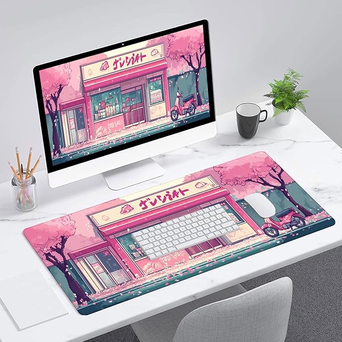 Japanese Anime Mouse Pad Pink Cherry Tokyo Street Aesthetic Large Gaming Mouse Mat with Stitched Edges,Non-Slip Waterproof Rubber Base Mous Mat Office Computer Keyboard Laptop Home 31.5x11.8 Inch
