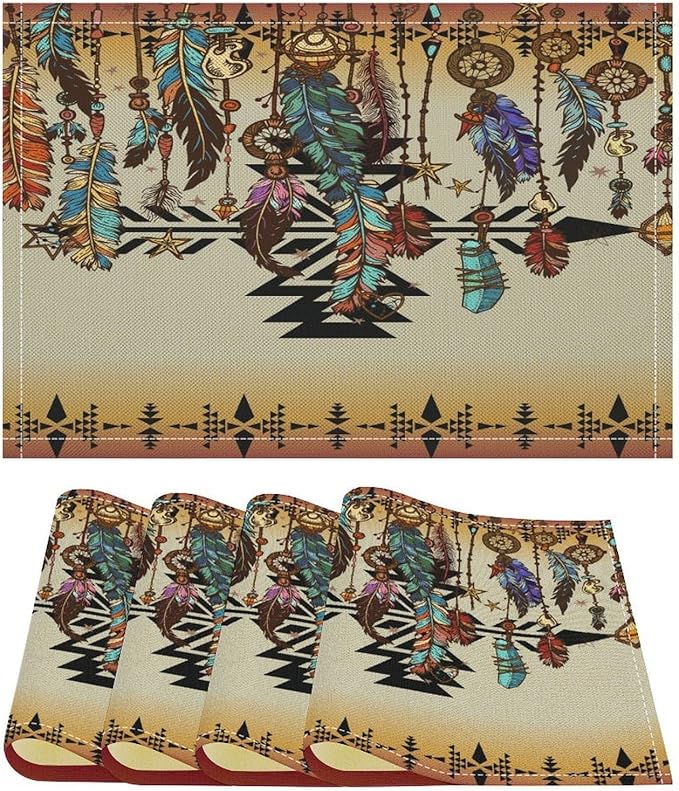 Vintage Aztec Southwest Placemats Ethnic Style Design Boho Geometric Pattern Linen Washable Table Mats Stain Heat-Resistant Desktop Decor Place Mats for Home Kitchen Dining Party 12x18 in 6 Pcs