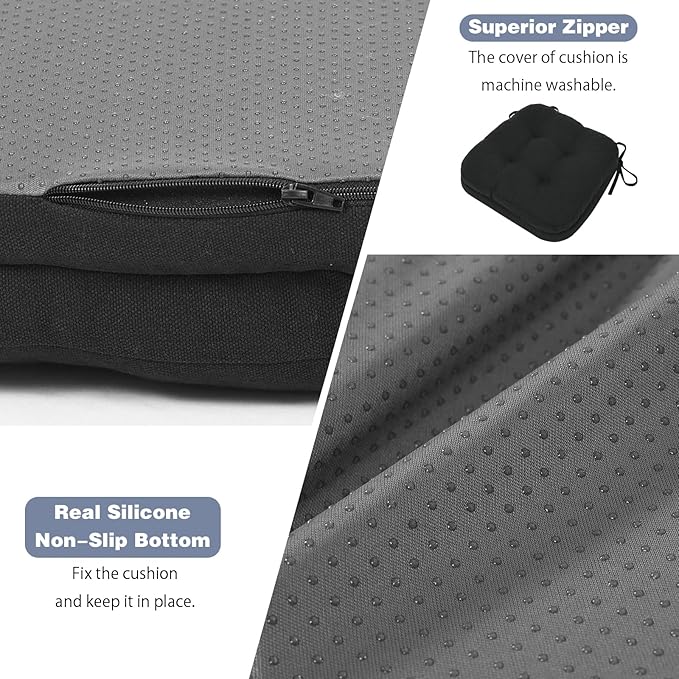 baibu Dining Chair Cushions, Dual-Layer Patent Design Memory Foam Kitchen Chair Cushions, Non-Slip Seat Pads with Ties, 16.5 x 16.5 x 3.5in, 1 Pack, Black