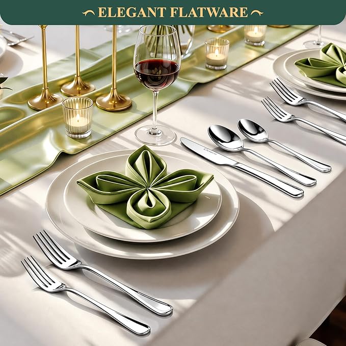 49-Piece Silverware Set with Bamboo Drawer Organizer, Heavy-Duty Stainless Steel Flatware Set for 8, Cutlery Sets with Steak Knives, Mirror Polished & Rust-Proof,Dishwasher Safe