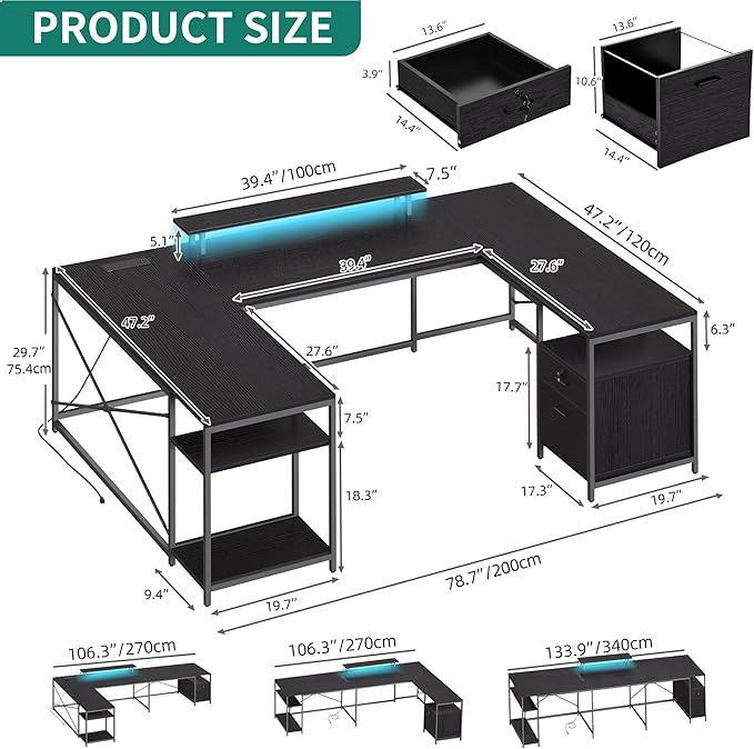 YITAHOME U Shaped Desk with Power Outlets & LED Lights, 79" Reversible L Shaped Desk with Drawers, Corner Computer Desk Office Desk with Monitor Stand & Storage Shelves, Black