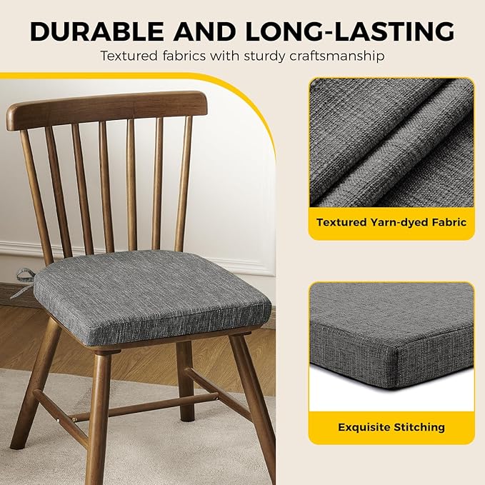 downluxe Indoor Chair Cushions for Dining Chairs, Soft and Comfortable Textured Foam Kitchen Chair Pads with Ties and Non-Slip Backing, 16" x 16" x 2", Dark Grey, 4 Pack
