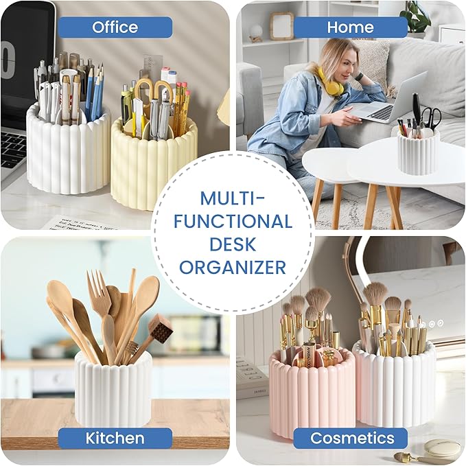 Desk Organizer, 360° Rotating Pen Holder for Desk, Pencil Cup with 7 Compartments Storage Box Caddy for Kids, Office, School, Home (Pink)
