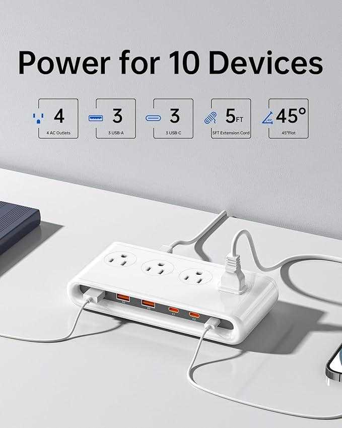 10-in-1 USB Charging Station with PD 20W Fast Charging, Surge Protector 6 USB Ports 4 AC Outlets 5ft Travel Power Strip with USB Ports Extension Cord for Home/Office/Travelling