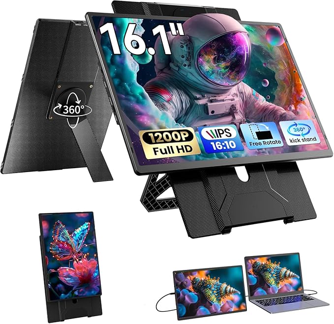 Blackview 16.1" Portable Monitor for Laptop, 1200P FHD Laptop Screen Extender, 360° Rotating Detachable Magnetic Stand, Plug & Play with HDMI/USB-A/Type-C, Extra Monitor for Windows/Mac/Linux/Android