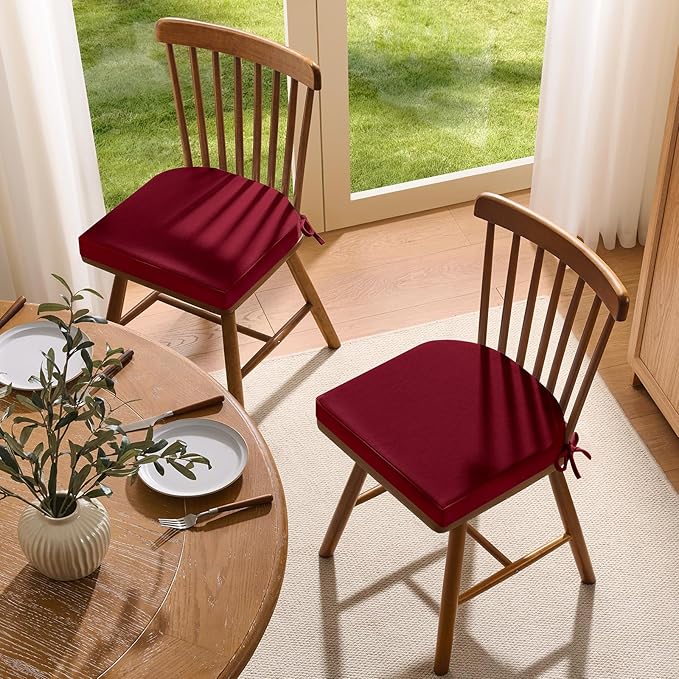 downluxe Chair Cushions for Dining Chairs, Memory Foam Linen Kitchen Chair Pads with Ties, Waterproof, Stain-Resistant and Washable Cover, 17" x 16" x 2.5", Red, 4 Pack