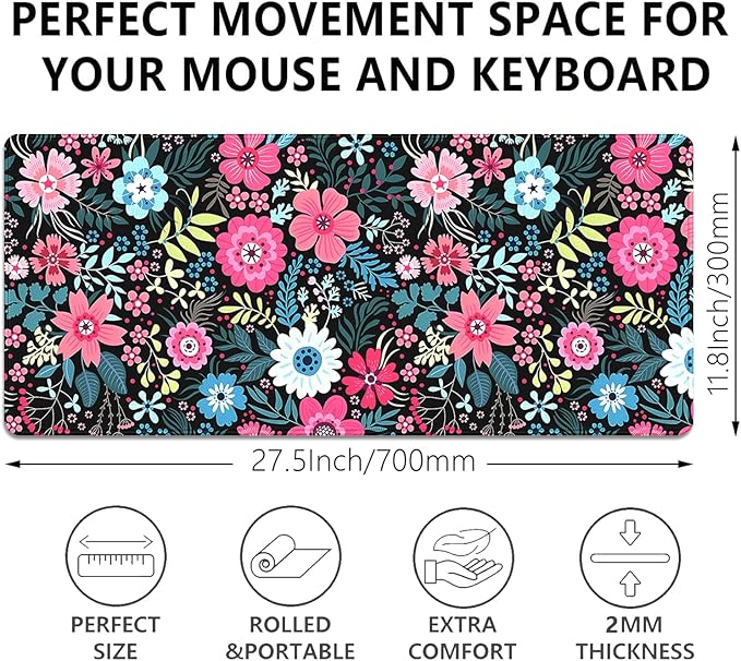 Boho Floral Large Mouse Pad Desk Pad, 27.5x11.8in Pink and Blue Flower Extended Keyboard Mousepad with Stitched Edges, Non-Slip Waterproof Rubber Base for Office, Computer & Laptop