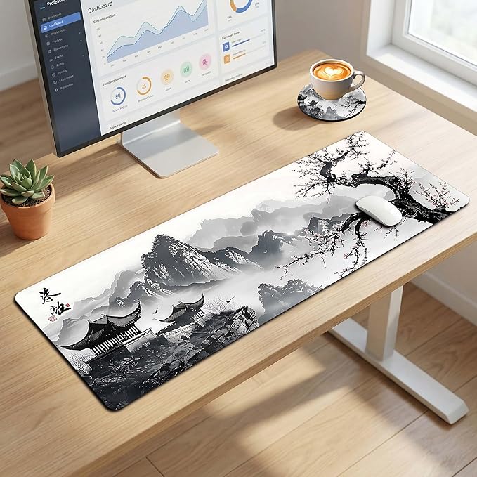 Extended Large Mouse Pad 31.5 x 11.8 Inches Premium Desk Mat Mousepad with Stitched Edges, Waterproof, Non-Slip Rubber Base for Office Home, Includes Coaster–Japanese Cherry Blossom
