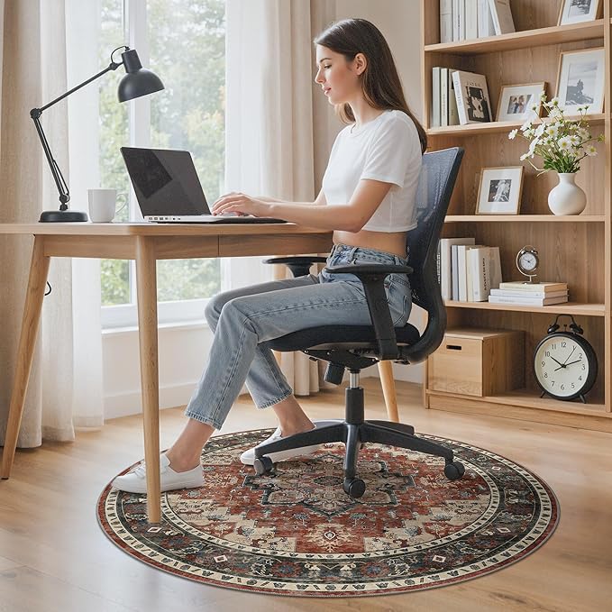 60"x60" Office Chair Mat for Hardwood Tile Floor, Under Desk Carpet Protector for Rolling Computer Chair Mat, Machine Washable Round Area Rug, Anti-Slip 1/5" Thick Low Pile Thin Floor Mat, Annatto