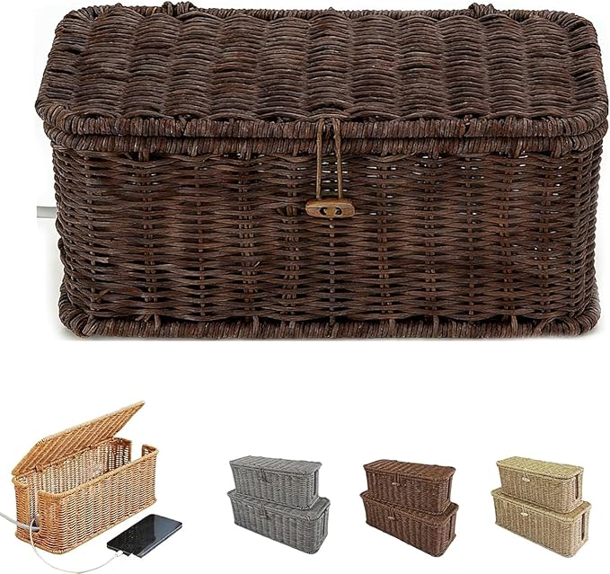 Handwoven Rattan Cable Management Box, Basket to Hide Cords, Container for Tv Wire, Computer, Router, USB Hub (Brown, L：15.7 * 6.2 * 5.9inch)