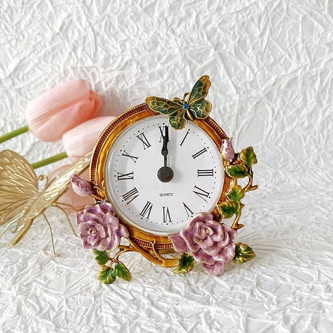 Silent Mini Vintage Analog Table Clock with Hand-Painted Metal Body and Battery Operated Non-Ticking Core for Shelf, Bedroom, Bedside, Desk, Gift Clock