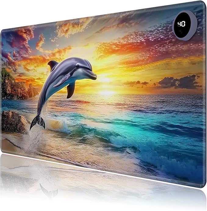 Heated Mouse Pad,Warm Desk Pad with 3 Levels Heating & 3 Hours Auto Shut-Off, PU Leather Heated Desk Pad Warmer Pad for Home Office - 23.6 x 14.2 inch,Jumping Dolphins