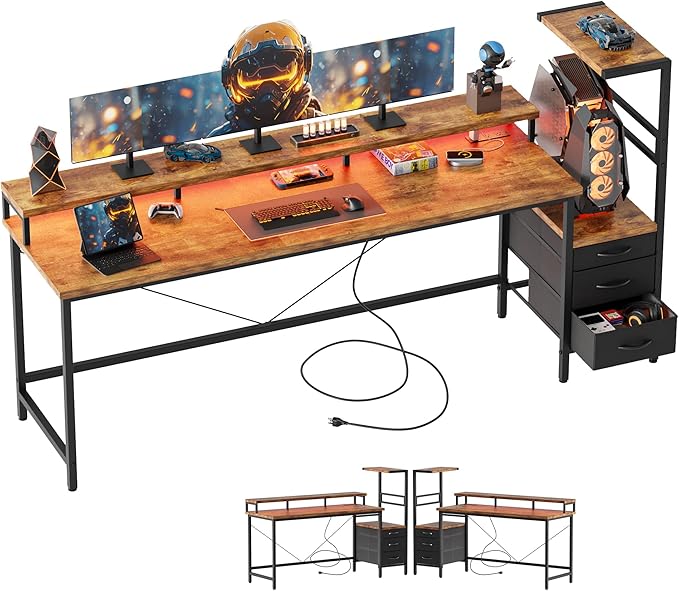 Mericonia 68 inch Gaming Desk with LED Lights & Power Outlets, Reversible Computer Desk with Storage Drawers & Monitor Stand, Large Gaming Table for Home Office