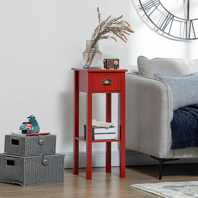 HOMCOM Narrow End Table with Drawer and Bottom Shelf, Slim Side Table for Small Spaces, Skinny Modern Accent Desk for Living Room, Set of 1, Red