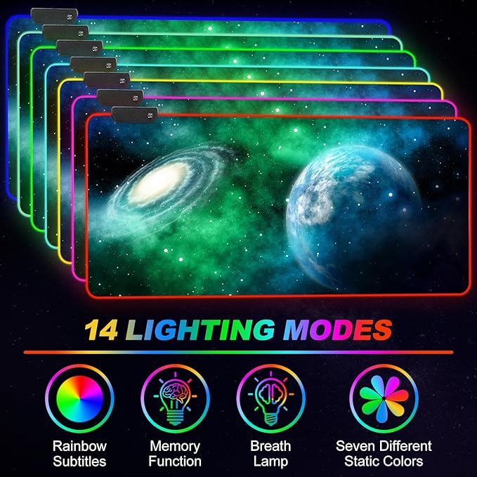 ARTSO Large RGB Gaming Mouse Pad, Led Big Mouse mat with 14 Light Modes, Extended Soft Computer Keyboard Mat Non-Slip Rubber Base, Green Planet Nebula