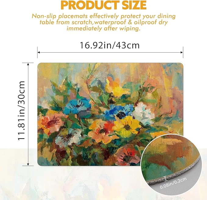 Painting Placemats Set of 4, Floral Faux Leather Place Mats for Holiday Banquet Kitchen Dining Table Decor, Heat Resistant Washable Non-Slip Waterproof Table Mats Set, 17" x 12"