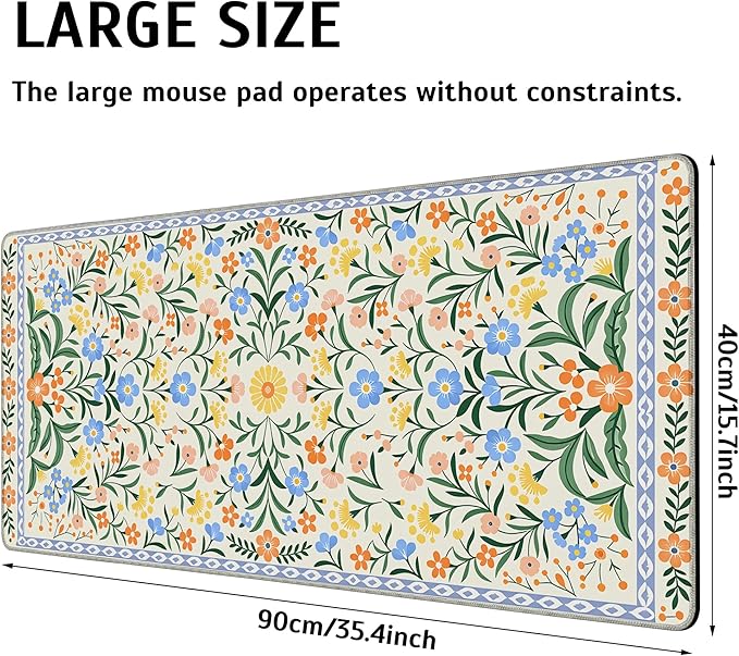 Green Floral Mouse Pad,35.4 x 15.7 Inch Large Mouse Mat Non-Slip Rubber Stitched Edges for Writing Desk,Office,Home,Laptop