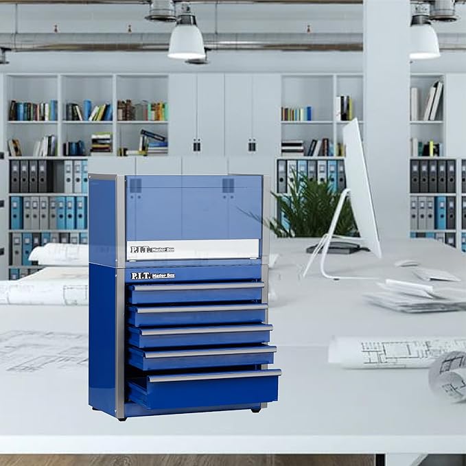 P.I.T. Mini Tool Box 8.6"W X 4.6"D, Portable 5-Drawer Micro Steel Stackable Toolbox with Liner, Blue Cute Tool Case for Small Tools Parts Storage, Home DIY