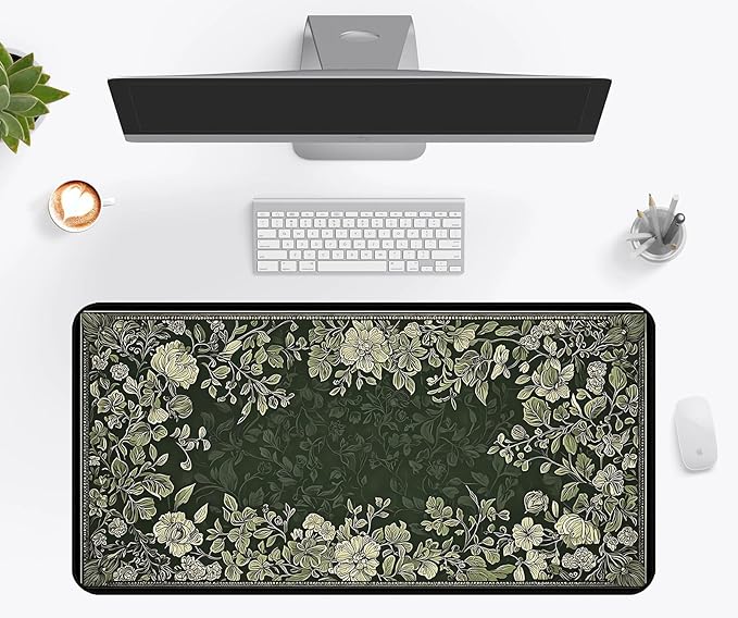 Deep Green Floral Mouse Pad XXL, Vintage Plant Desk Pad, Large Gaming Desktop Anti Slip Mats, Laptop Mat Mousepads with Stitched Edges, Suitable for Office Gaming Home Desktop Decor 31.5"X15.7"