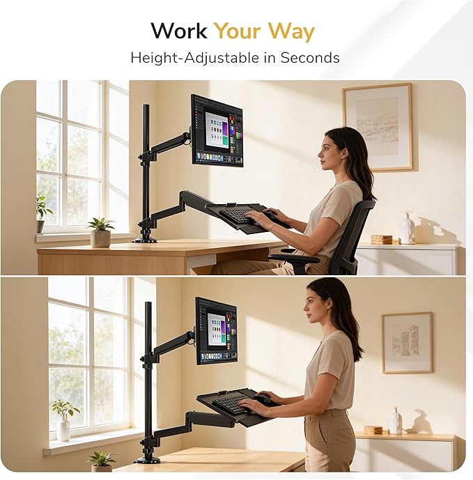 Mount-It! Sit-Stand Monitor Arm Desk Mount with Keyboard Tray, Single Monitor Fits Up to 32”, Height Adjustable Gas Spring, Full Motion Articulating Arm, Clamp or Grommet, Black