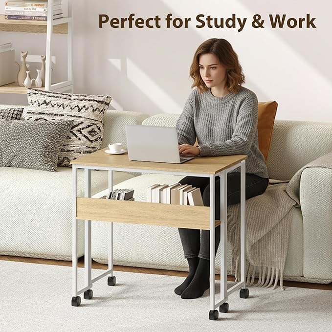 GarveeHome Folding Desk Small Rolling Desk with Storage Shelf,31.5 Inch Foldable Computer Table with Wheels,Portable Office Desk for Small Space Sofa Table,Easy to Fold
