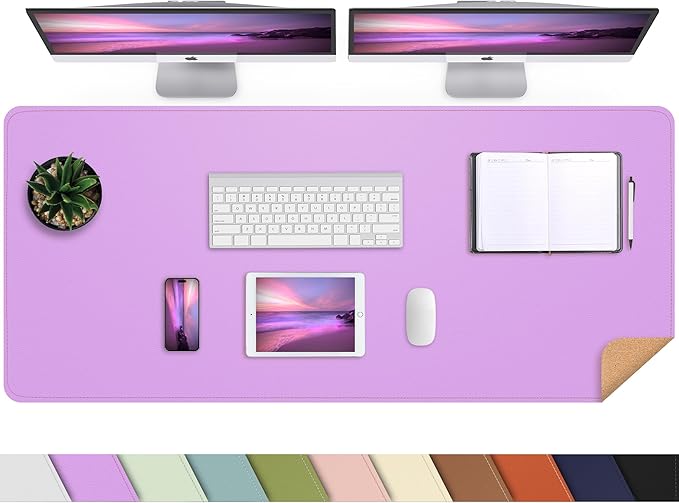 AFIING Cork Desk Mat 47" x 17", Dual-Sided Natural Cork & PU Leather Desk Pad, Non-Slip Waterproof Large Mouse Pad for Office, Home & Gaming (Purple)