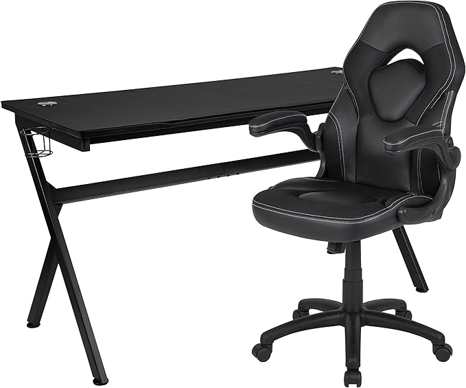 EMMA + OLIVER Black/Gaming Desk Bundle - Cup & Headphone Holders/Mouse Pad Top