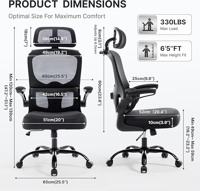 Ergonomic Mesh Office Chair,330LB Capacity High Back Desk Chair with Adjustable Lumbar Support, Adjustable Headrest & Flip-Up Arms,Breathable Computer Chair for Home Office,Work & Study,2pcs