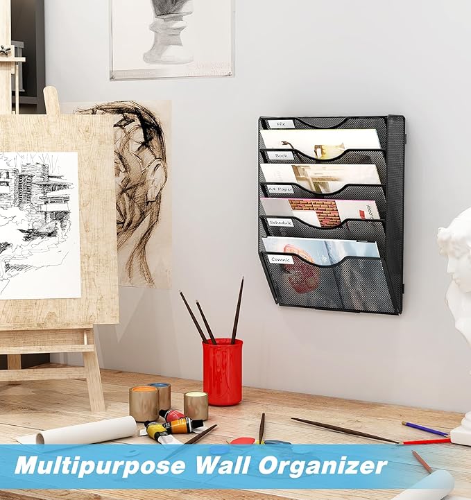 Wall Hanging File Holder 5 Pocket Wall Mounted Paper Organizer Magazine File Holder Storage Rack,Black