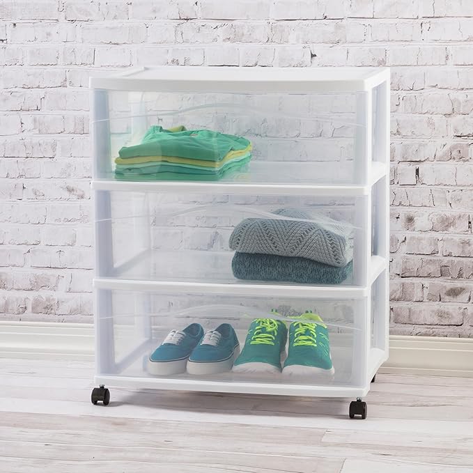 Sterilite Wide 3-Drawer Cart, Plastic Storage Organizer Drawers with Wheels, White - Rolling Multipurpose Bins for Dresser, Closet, Cabinet, Bedroom, Bathroom, and Office Organization