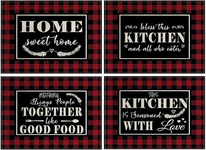 4Pack Farmhouse Decor Placemats Red White Buffalo Plaid Kitchen Inspirational Quotes Decor Table Mats Waterproof Heat Resistant Washable Non-Slip Place Mats for Dinner Kitchen Decor Table 12”×16”