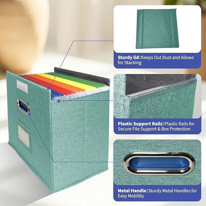 4 Pack Hanging File Folder Box with Lid, Durable Letter Size Filing Storage Box, Sturdy File Holder with Cardboard Support PVC Rails for Office Home Organizer, Green