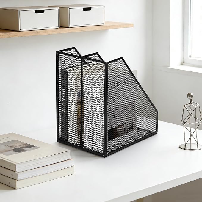 Carperipher Metal Mesh Magazine File Holder, 2 Pcs Desk Document Organizer, 2 Compartments Desk Organizers, Mesh Desktop Organizer and Storage, Black