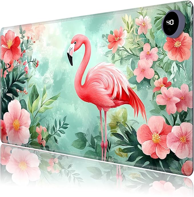 Heated Mouse Pad,Warm Desk Pad with 3 Levels Heating & 3 Hours Auto Shut-Off, PU Leather Heated Desk Pad Warmer Pad for Home Office - 23.6 x 14.2 inch,Beautiful Flamingos