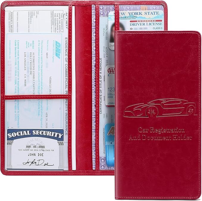 Car Registration and Insurance Card Holder for Women Men, Red Glove Box Paperwork Organizer with Magnetic Buckle for Easy Access and Protect Documents and Various Cards in Vehicle
