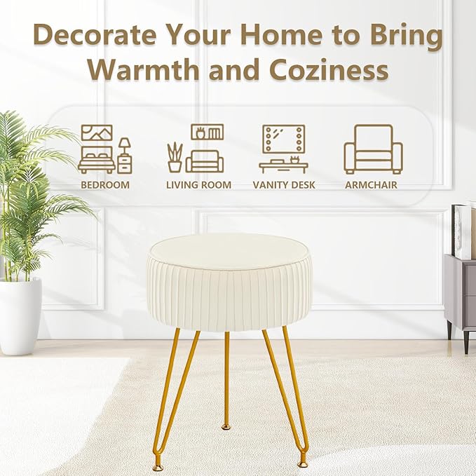 Velvet Vanity Stool, Modern Ottoman Foot Rest Stool with Adjustable Golden Legs, Makeup Chair for Vanity, Multifunctional Small Vanity Chair for Bedroom, Beige