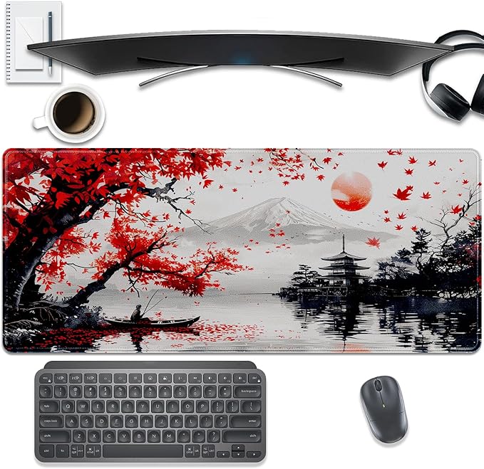 Mount Fuji Mouse Pad Desk Pad, 27.5x11.8 in Japanese Style Mouse Pad Extended Keyboard Mousepad with Stitched Edges, Waterproof Non-Slip Rubber Base for Office Computer Laptop Home