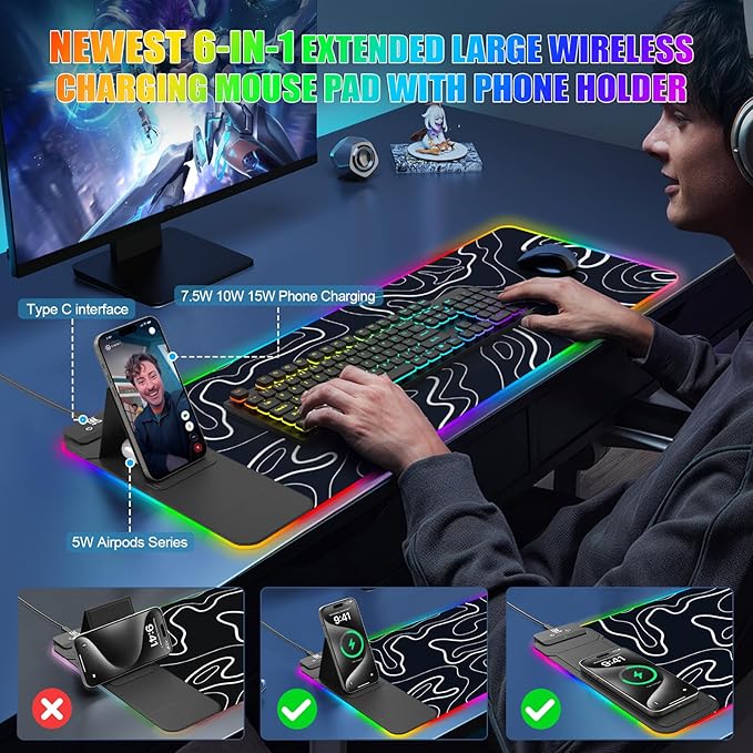 RGB Mouse Pad with Foldable Phone Stand Wireless Charger, 31.5"x11.8" XL Gaming Mousepad Large Desk Mat, Desk Pad with 11 Colors 5 Modes, Waterproof (Topographic Print)