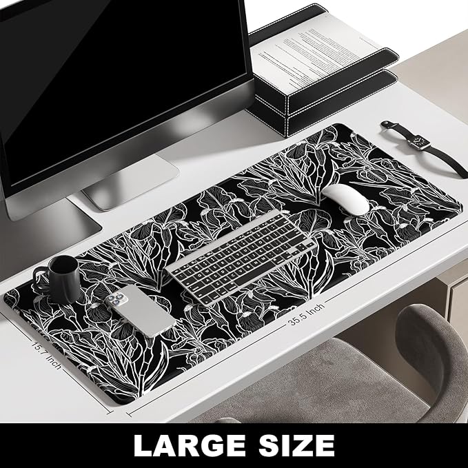 BOSOBO Large Mouse Pad, Desk Pad, XXL XL Extended Gaming Mouse Pad, Desk Mat for Office & Home, Long Keyboard Mat, Huge Mouse Pad, Desktop Full Cover 35.5 x 15.7 Inches, Art Impressionist Flower Black