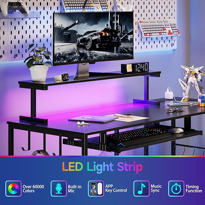 L Shaped Gaming Desk with Power Outlets & RGB Lights, 46'' L- Shaped Desk Computer Corner Desk with Monitor Stand & Storage Shelf & Hook, Home Office Desk Writing Desk, Black