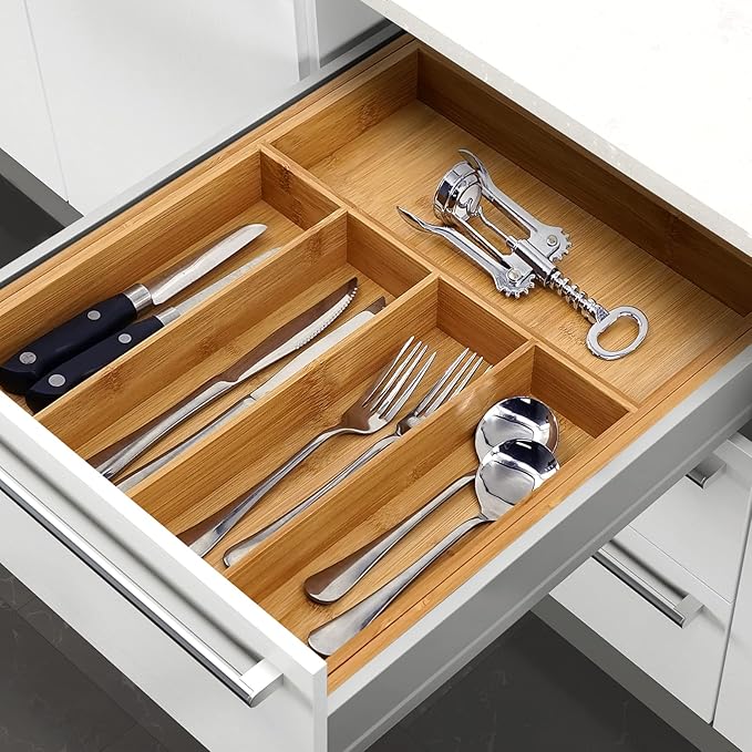 VaeFae Premium Bamboo Drawer Organizer, Expandable Silverware Drawer Organizer, Cutlery Tray with Dividers for Kitchen Utensils (Natural, Large)
