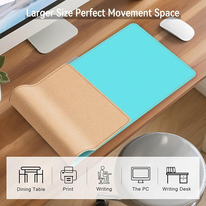 Leather Mouse Pad with Stitched Edge, Waterproof Gaming Mouse Mat for Computers, Laptop, Office & Home (Light Blue, 25"*13")