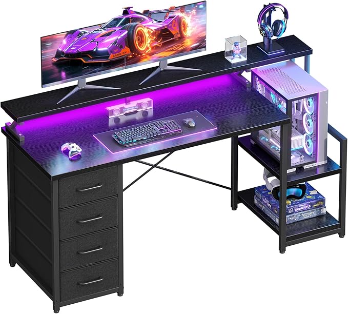 ODK 55 Inch Computer Gaming Desk with LED Lights & 4 Drawers, Home Office Desk with Monitor Stand & Storage Shelves, Black