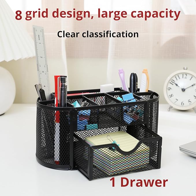 Wire Mesh Desk Organizer, Black Pen Holder and Desk Organizer with Compartments, Desk Drawer Organizers and Accessories for Office School Home Supplies Teacher Students