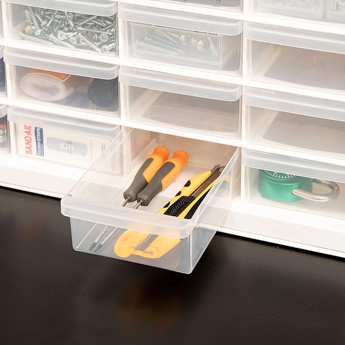 IRIS USA 24-Drawer Plastic Storage Organizer, Made in USA, Teacher Toolbox, Multi Drawer Cabinet For Beads Balloons Building Bricks Crafts Stickers Small Business Scrapbook Art Garage Tools, White