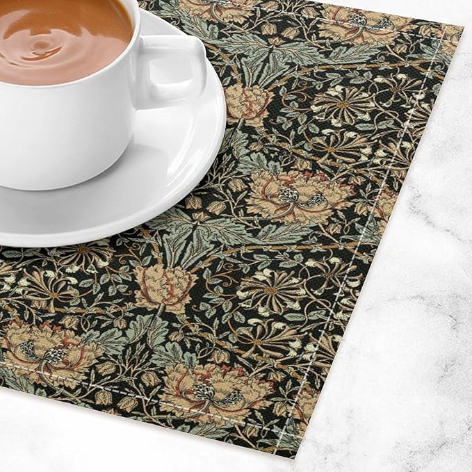 William Morris Floral Placemats Vintage Flower Art Style Boho Chic Retro Floral Linen Washable Table Mats Stain Heat-Resistant Desktop Decor Place Mats for Home Kitchen Dining Party 12x18 in 6 Pcs